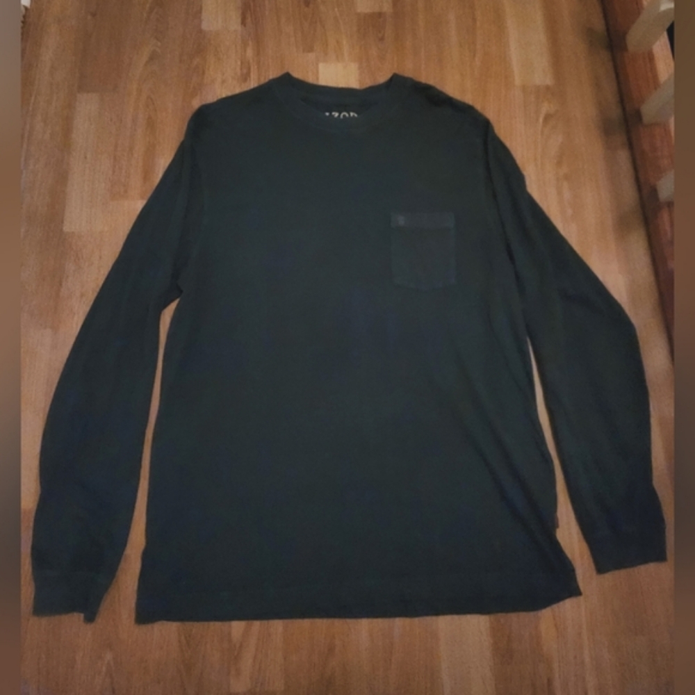 Izod  Luxury Sport Vintage Wash Cotton Long Sleeve Pocket Tee Blue Green Medium